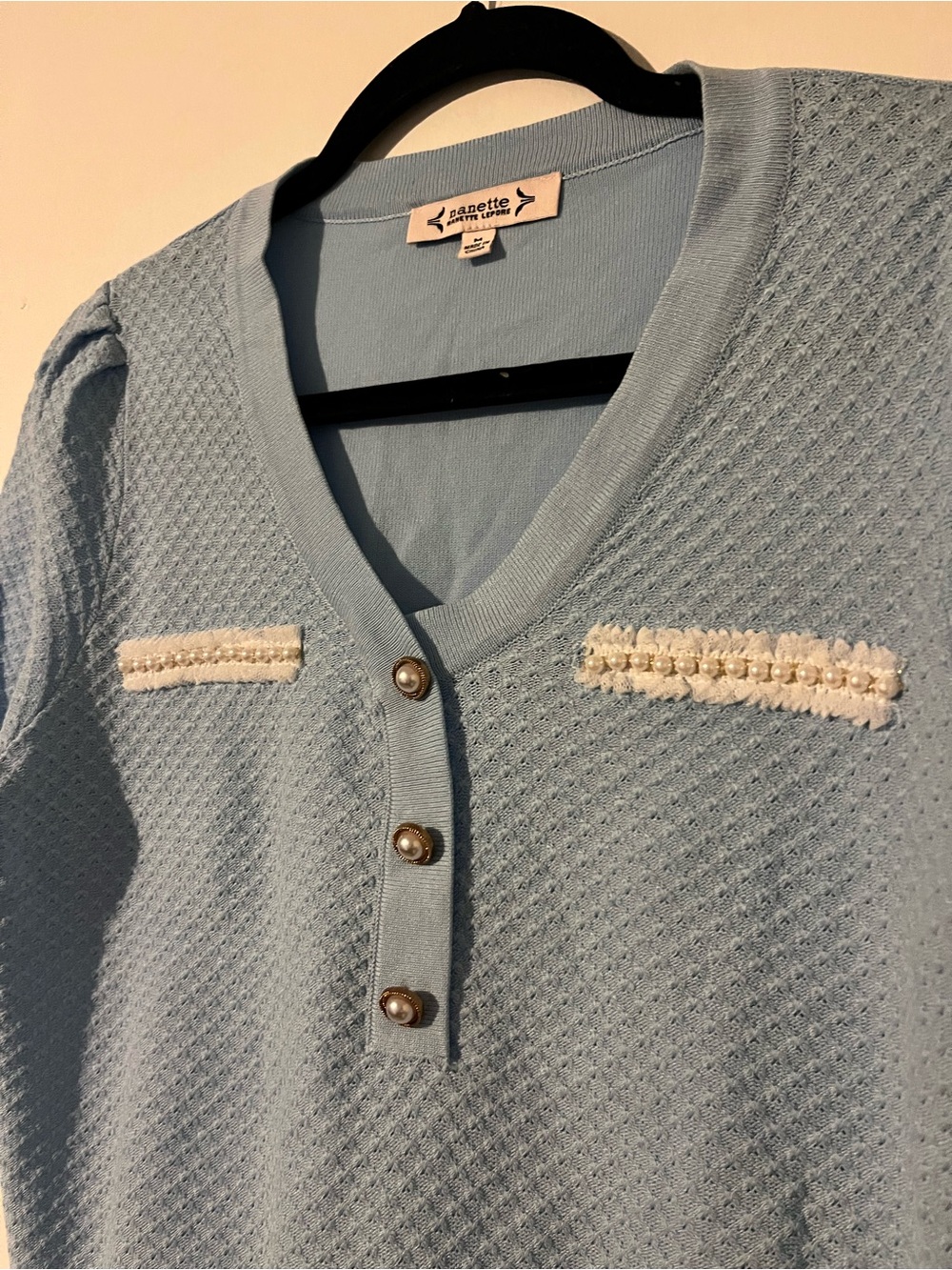 Nanette Lepore Light Blue Knit Top Pearl Accents - Picture 2 of 4
